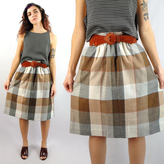 80s box plaid wool knee length skirt with slant p… - image 1