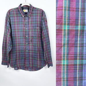 80s vintage purple teal blue plaid mens long sleeve buttondown Southern Classics Large XL Vintage Menswear Hipster Mens Purple Plaid Shirt