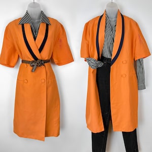90s vintage orange and navy double breasted linen midi dress Size 14 Cantaloupe 40s Style Dress Mother of Bride Business Suit Secretary
