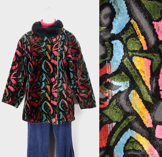 60s black floral print plush carpet coat with fau… - image 1