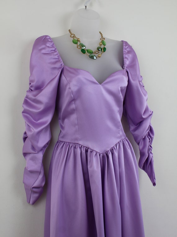 80s purple satin ball gown with ruched sleeve, Ta… - image 3
