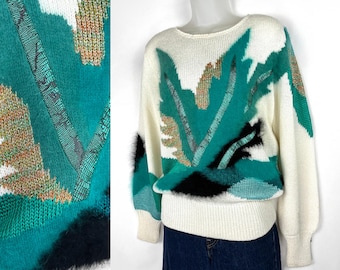 Suéter vintage de los años 90 con motivo de hojas de angora en crema y verde, estilo intarsia, talla pequeña, mediana, novedoso, suéter, 420, marihuana, hojas, cannabis, cultura.