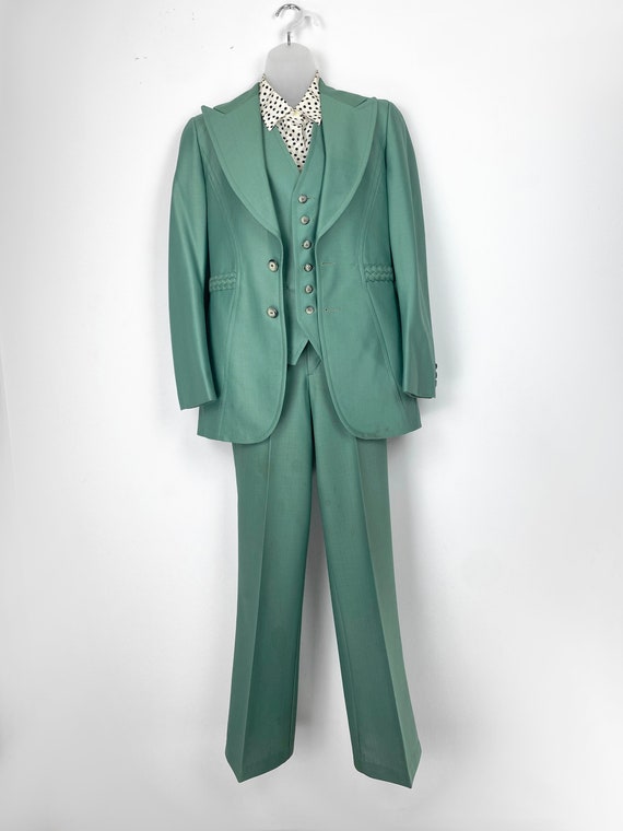 70s vintage seagreen three piece suit set with wa… - image 3