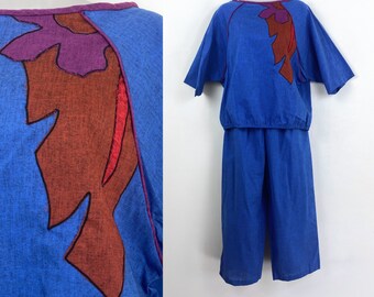 80s blue and rust leaf motif cotton pajama set Small Medium Top and Pant Set, Casual Pant Set, Cotton Set, 90s Clothing Safari, Stay at Home