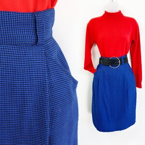90s blue and black houndstooth pencil knee skirt, 25 inch waist, Skirt with Pockets, Blue Pencil Skirt, Cobalt Blue, 90s Aesthetic VSCO Girl