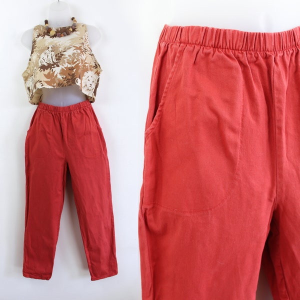 90s vintage brick red elastic waist stretch pants, Small Medium, Elastic Waist, Stretchy Red Pants Brick Red Pants Burnt Umber 90s Aesthetic