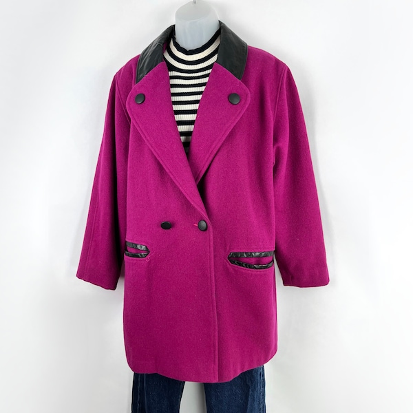 90s vintage dark magenta wool blend peacoat with black trim Size 7 Small Medium Fuchsia Peacoat 90s Winter Coat 90s Outerwear Mid Length