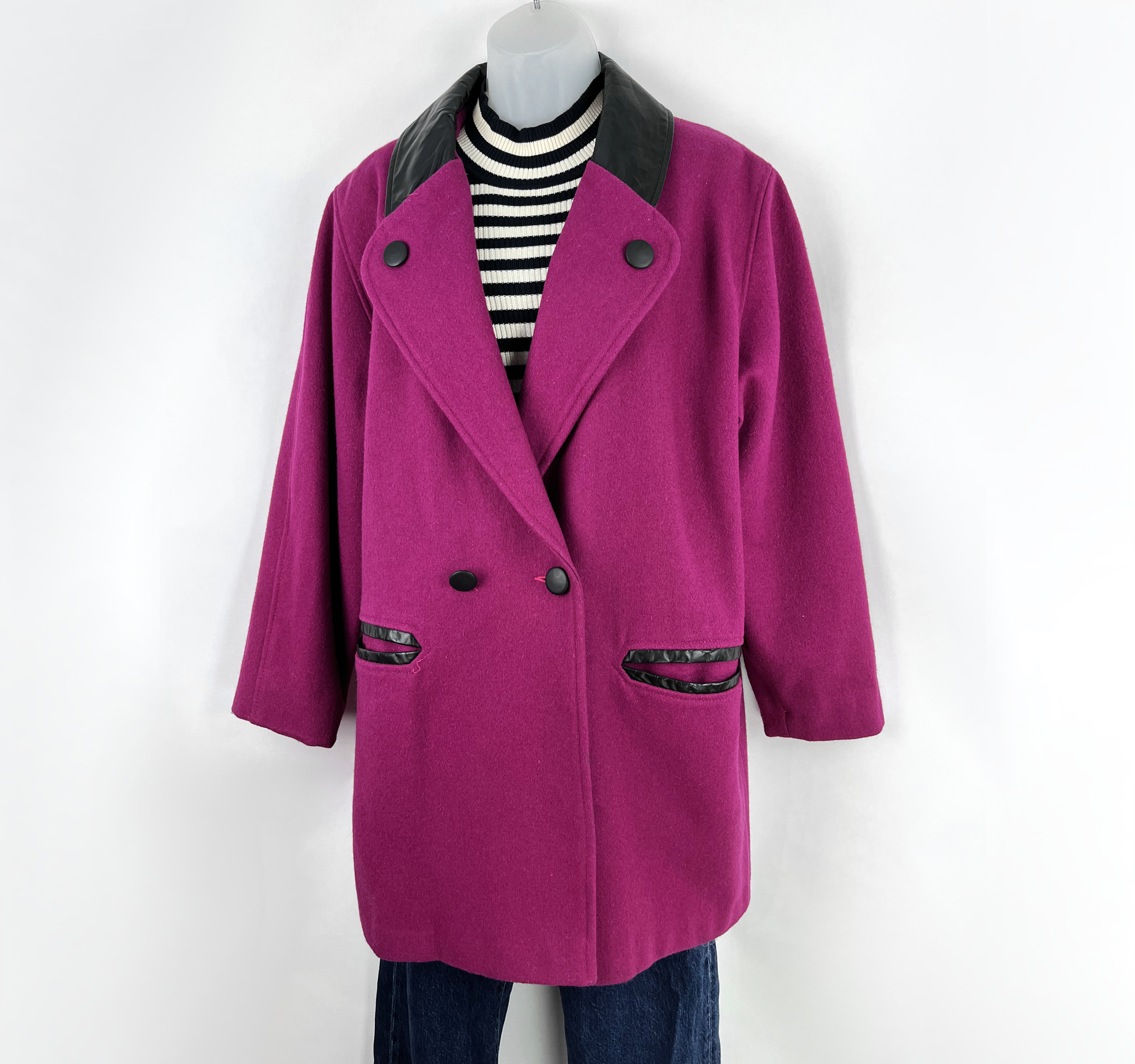 90s Vintage Dark Magenta Wool Blend Peacoat With Black Trim Size 7