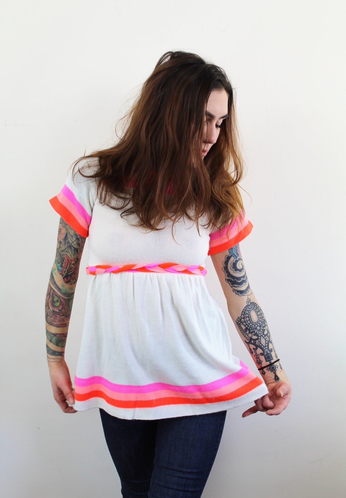 70s Neon Pink and Orange on White Sweater Dress or Top Size Etsy