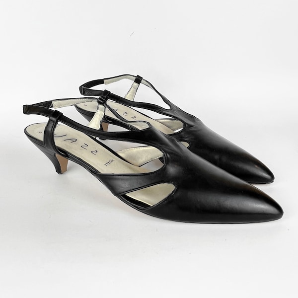 90s black leather cutout pointy slingbacks by Jazz España Size 7.5 Jazz Dance Heels Formal 40s Style Shoes Made in Spain Black Leather Heel