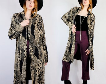 Black and beige patterned stretch knit long cover up 1990s 90s VINTAGE