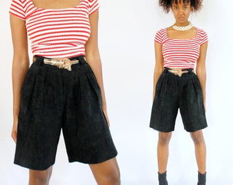 90s black suede high waist bermuda shorts, Pia Rucci, 27 inch waist, Black Suede Bermuda Shorts, FRENCH Chic, LEFT BANK, 90s Suede Shorts