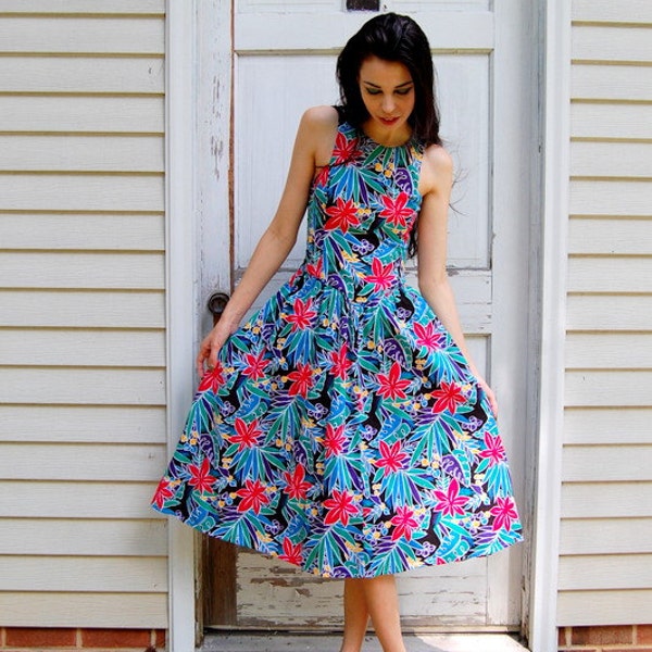 1950s style tropical print halter dress