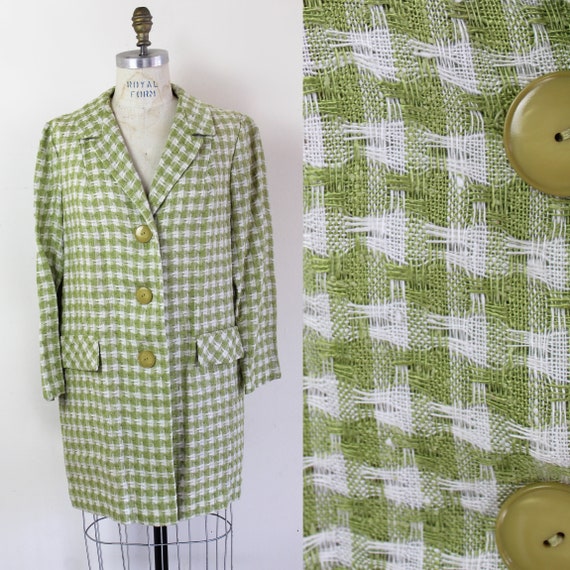 60s spring green houndstooth peacoat, 60s Plaid C… - image 3