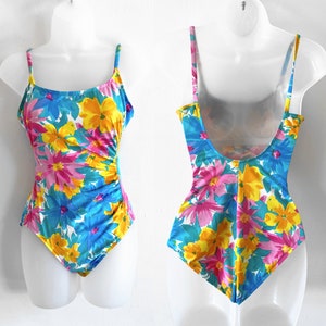 90 s vintage bleu et fluo floral froncé maillot de bain une pièce vintage Swim 90 s Floral Swimsuit Medium Swimsuit Floral One Piece 90 s vintage Swim