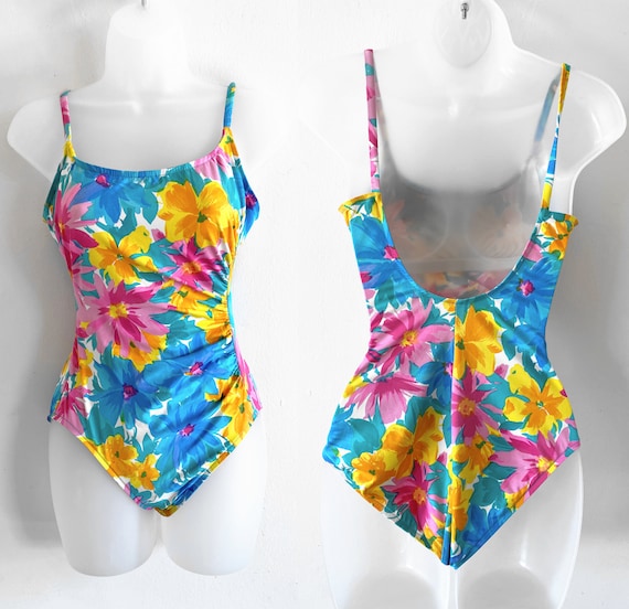 90s vintage blue and neon floral ruched onepiece swimsuit Vintage Swim 90s Floral Swimsuit Medium Swimsuit Floral One Piece 90s Vintage Swim