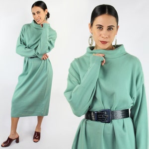 80s VINTAGE seafoam green cowlneck sweaterdress, Medium, Mint Green, Knit Cowl Neck Dress, 80s Clothing, 80s Sweater Dress, 80s Aesthetic