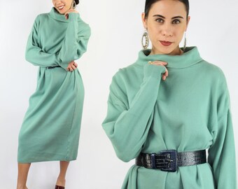 80s VINTAGE seafoam green cowlneck sweaterdress, Medium, Mint Green, Knit Cowl Neck Dress, 80s Clothing, 80s Sweater Dress, 80s Aesthetic