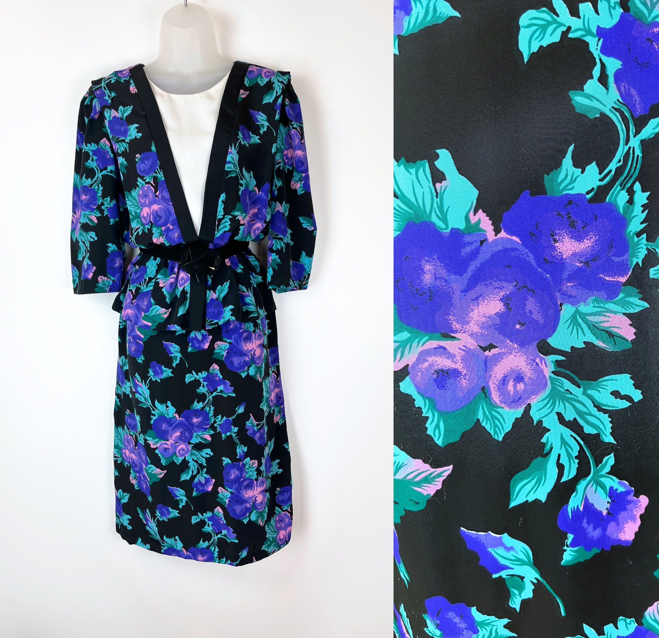 Vintage 80\'s Breli Original‎ Green & Purple Floral Belted Dress Size:12 80s Floral Wrap Dress | S-M - Lucky Vintage main image 2