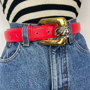 90s skinny red leather belt with gold buckle, Small, 90s Aesthetic, Red Leather Belt, Aesthetic Fashion VSCO, 90s Accessories, Southwestern