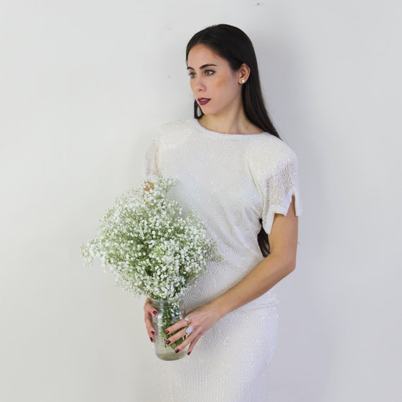 90s heavy beaded silk wedding dress, 20s inspired