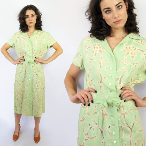 1930s style sage green linen midi dress with cream