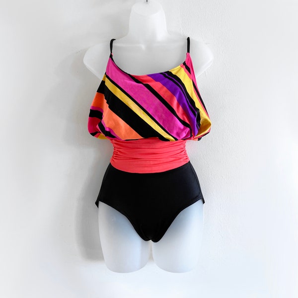 80s vintage neon orange striped colorblock one piece swimsuit Maillot EDM Festival Outfit 80s Swimsuit 80s Vintage Swim Nu Rave One Piece