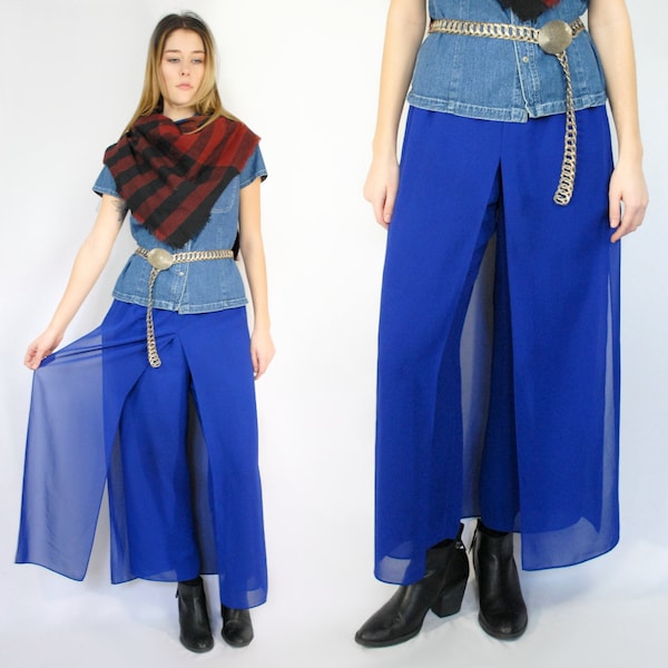 90s cobalt blue Palazzo pants with sheer panels, 28 inch waist, Sheer Blue Pants, BLACK TIE, Paneled Pants, Holiday Party, Sheer Wide Leg