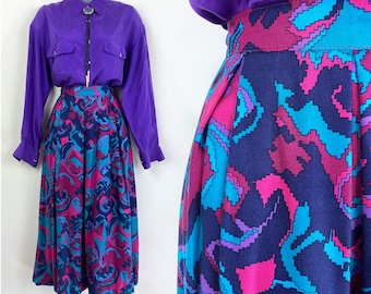 90s vintage jewel tone abstract paisley print midi skirt, 28 Inch Waist, Floral Rayon Skirt, Summer Skirt, 90s Rayon Skirt, 90s Aesthetic