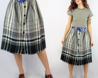 80s border plaid wool button front knee skirt with belt loops, Wool Plaid Skirt, Plaid Knee Skirt, Cottagecore Grandmacore, 80s Plaid Skirt