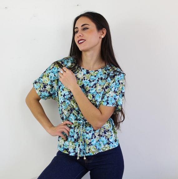 70s blue and green floral peplum top with drawstr… - image 6