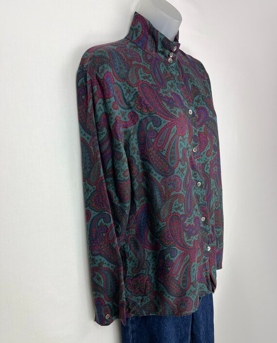 90s Vintage Dark Jewel Tones Paisley High Neck Long Sleeve Button 