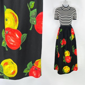 70s vintage large scale apple print maxi skirt 28 inch waist Fruit Print Skirt Farmcore Dirndl 70s Maxi Cottagecore Honeycore Hodge Podge