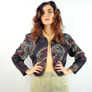 90s purple floral paisley print cropped blouse, Small, Paisley Bolero, Dark Academia Aesthetic, Paisley Blouse, 90s Vintage Blouse, Boho