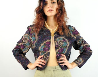 90s purple floral paisley print cropped blouse, Small, Paisley Bolero, Dark Academia Aesthetic, Paisley Blouse, 90s Vintage Blouse, Boho