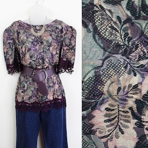 80s shiny purple jewel tone floral damask blouse with purple lace trim, Medium Large, Dark Romantic, Dark Academia, Victorian Baroque Rococo
