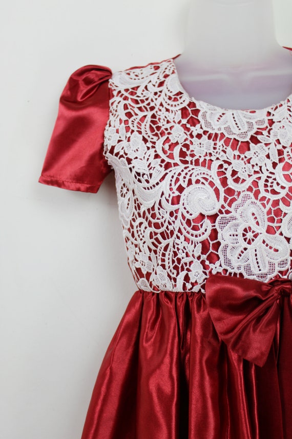 80s vintage red satin party dress with white lace… - image 5