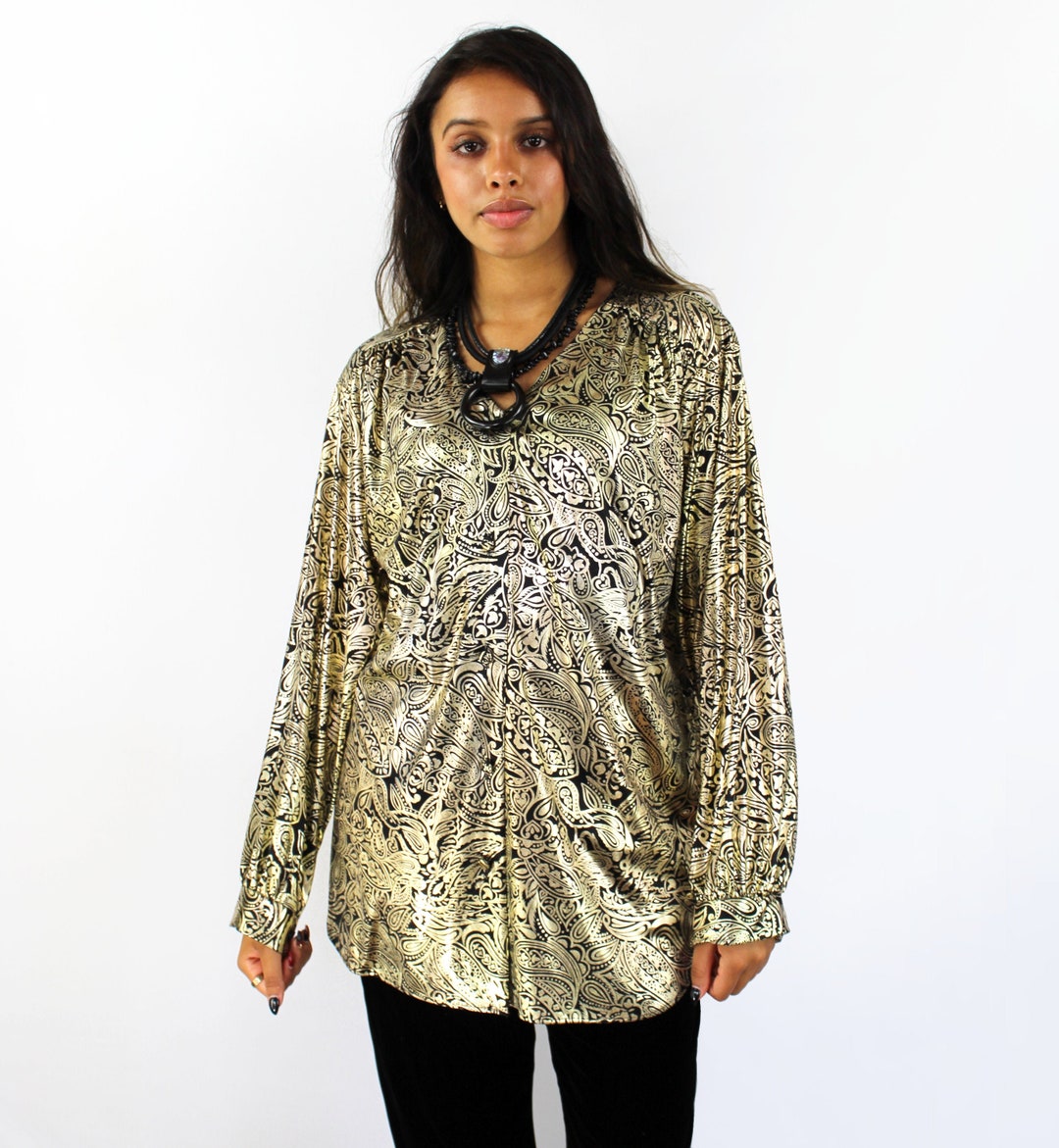 80s/90s Gold Metallic Button Up Blouse By Esprit Collection