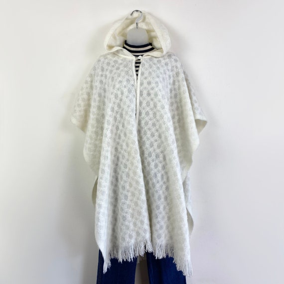 70s VINTAGE cream fringed sweater cape with hood … - image 1