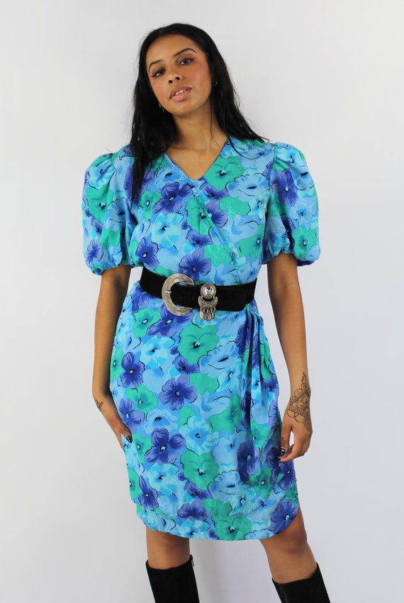 90s blue floral watercolor silk wrap dress, Ballo… - image 3