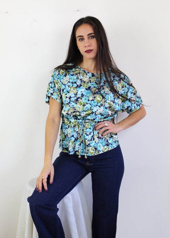 70s blue and green floral peplum top with drawstr… - image 4
