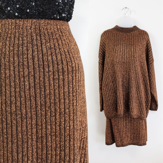 80s Bronze Lurex ribbed knit sweater skirt set 2X,