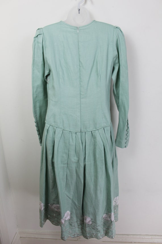 80s drop waist mint green linen midi dress with e… - image 7