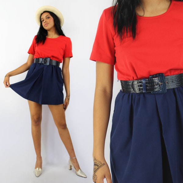80s red and navy colorblock minidress with belt, MOD, size 4, Parisian Chic, Red and Blue, Americana, July 4th, Memorial Day, 80s Dress VSCO