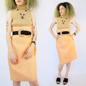 90s VINTAGE peach ramie pencil KNEE skirt, Size 10, 28 inch waist, Pink Ramie Skirt, 40s Style Skirt, Peach Pencil Skirt, 90s Aesthetic VSCO