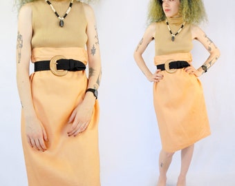 90s VINTAGE peach ramie pencil KNEE skirt, Size 10, 28 inch waist, Pink Ramie Skirt, 40s Style Skirt, Peach Pencil Skirt, 90s Aesthetic VSCO