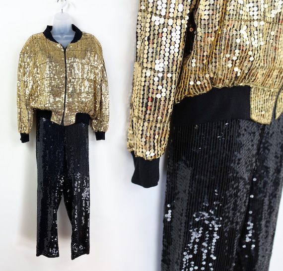 90s gold and black sequin track suit pant suit, Si