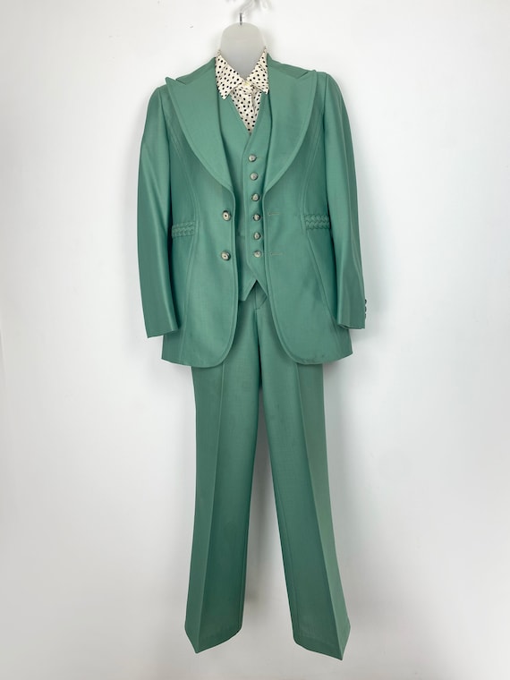 70s vintage seagreen three piece suit set with wa… - image 2