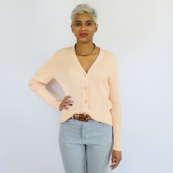 90s blush pink ribbed cardigan, size Small, cotton