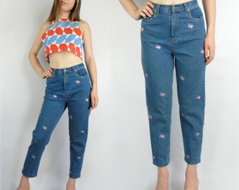 90s high waist jeans with american flag applique, Size 8, 28 inch waist, US Flag, AMERICANA, American Flag, Independence Day, 4th of July
